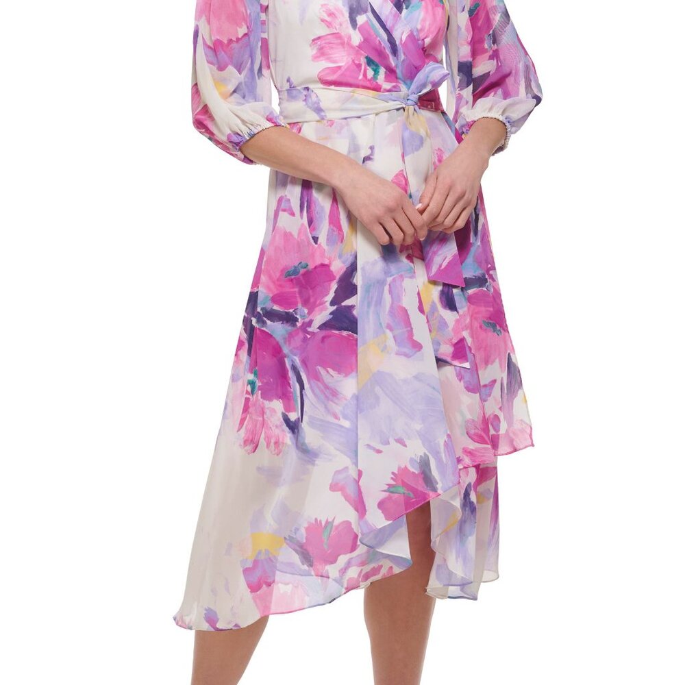DKNY Women's Floral-Print Balloon-Sleeve Tie-Waist V-Neck Dress Size 12 - Picture 8 of 10